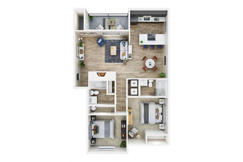 Floor plan for 2 beds, 2 baths, 957 sqft